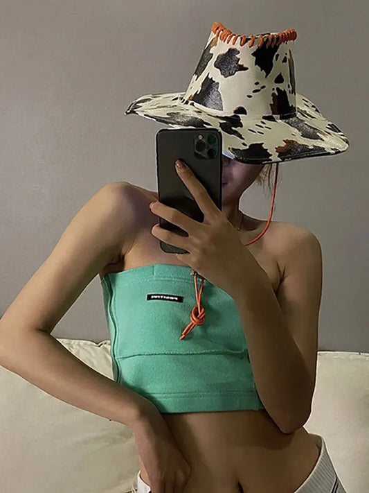 Hot Girl Fashion PU Leather Cow Dot Hat Pattern Panama Jazz Hat Western Cowboy Hat Lady Cute Retro Vacation Men Women Casual Cap - Onvynix Labs