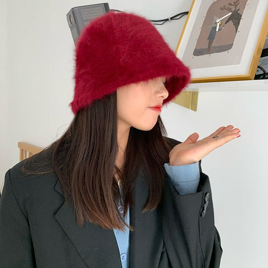 Hat winter women's fashion Solid color rabbit fur hat bucket cap  fisherman's hat retro knitted wool basin Bucket Hat - Onvynix Labs