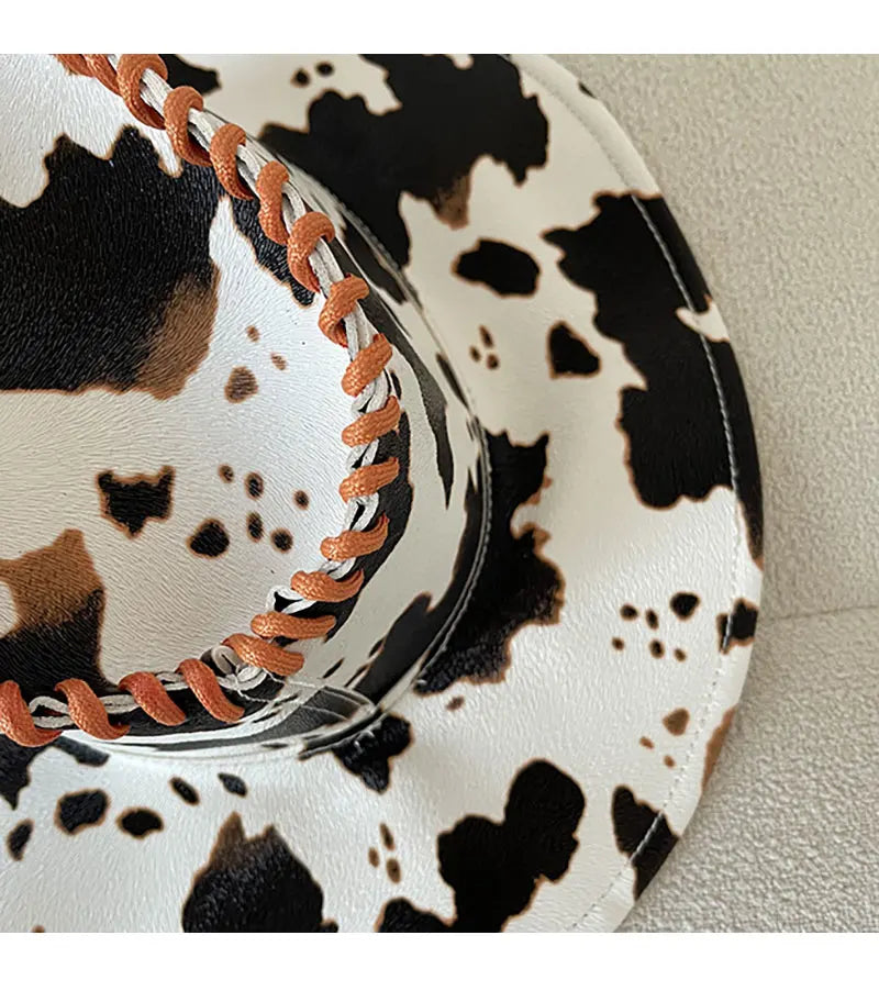 Hot Girl Fashion PU Leather Cow Dot Hat Pattern Panama Jazz Hat Western Cowboy Hat Lady Cute Retro Vacation Men Women Casual Cap - Onvynix Labs