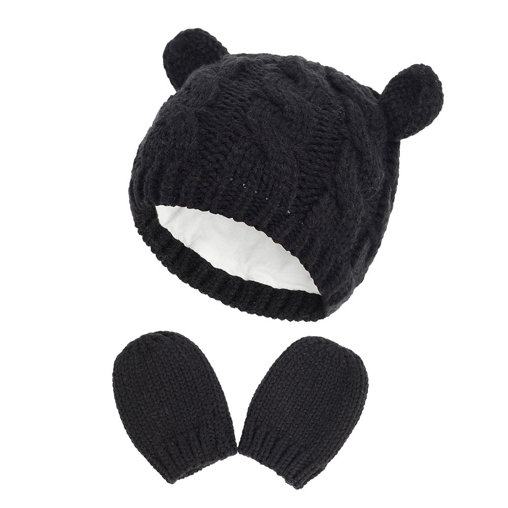 New Baby Kids Girls Boys Winter Warm Knit Hat Ear Solid Warm Cute Glove 2pcs Lovely Beanie Cap 0-18M - Onvynix Labs