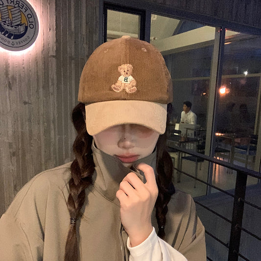 Cute bear embroidered baseball hat for women autumn and winter corduroy color matching retro duckbill cap - Onvynix Labs
