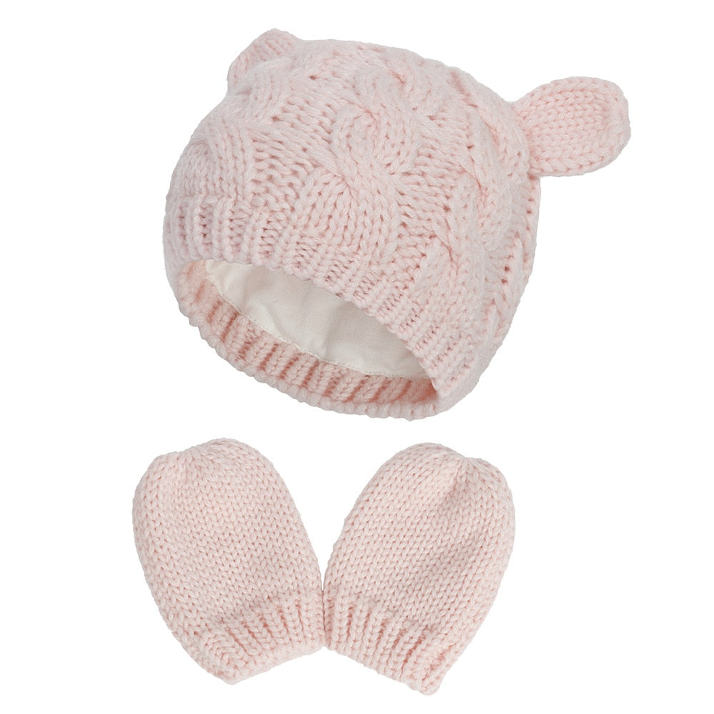 New Baby Kids Girls Boys Winter Warm Knit Hat Ear Solid Warm Cute Glove 2pcs Lovely Beanie Cap 0-18M - Onvynix Labs