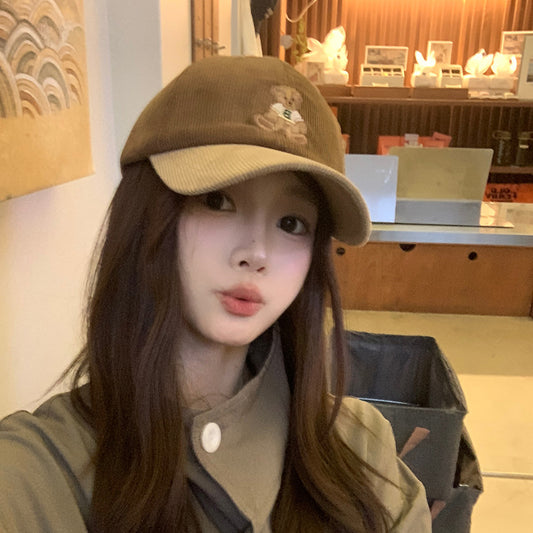 Cute bear embroidered baseball hat for women autumn and winter corduroy color matching retro duckbill cap - Onvynix Labs
