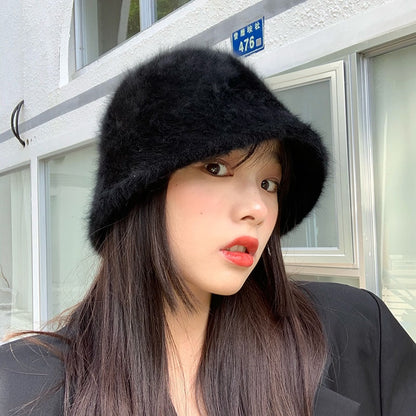 Hat winter women's fashion Solid color rabbit fur hat bucket cap  fisherman's hat retro knitted wool basin Bucket Hat - Onvynix Labs