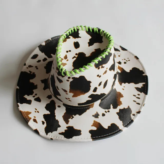 Hot Girl Fashion PU Leather Cow Dot Hat Pattern Panama Jazz Hat Western Cowboy Hat Lady Cute Retro Vacation Men Women Casual Cap - Onvynix Labs