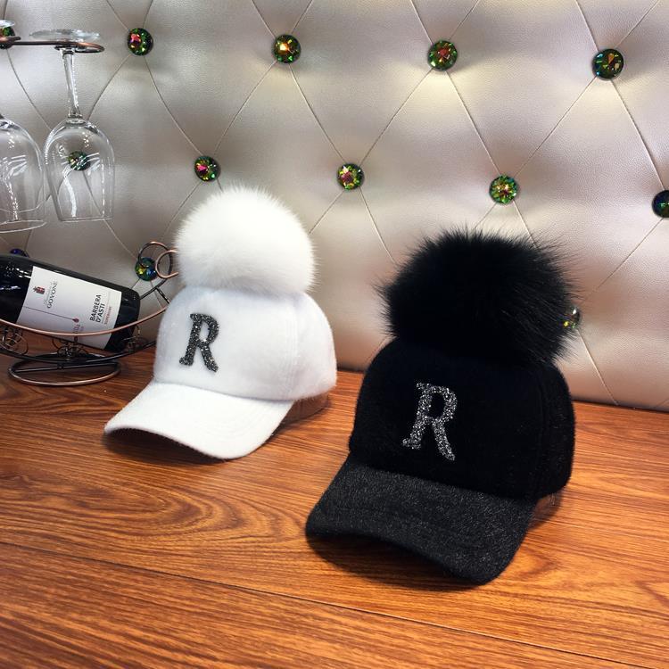 Fashion Faux fur ball baseball cap winter Faux seahorse hair Warm Cap For Women Rhinestone Diamond Letter Visor Hats - Onvynix Labs
