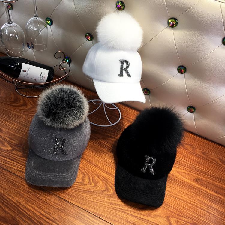 Fashion Faux fur ball baseball cap winter Faux seahorse hair Warm Cap For Women Rhinestone Diamond Letter Visor Hats - Onvynix Labs