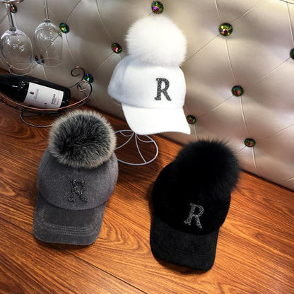 Fashion Faux fur ball baseball cap winter Faux seahorse hair Warm Cap For Women Rhinestone Diamond Letter Visor Hats - Onvynix Labs