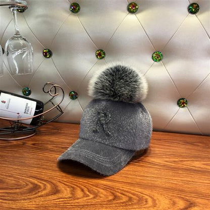 Fashion Faux fur ball baseball cap winter Faux seahorse hair Warm Cap For Women Rhinestone Diamond Letter Visor Hats - Onvynix Labs